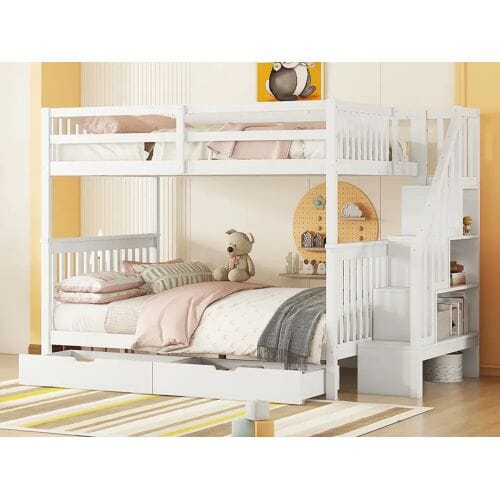 Merax Stapelbedden 2 x 140 x 200 cm voor kinderen - trapplank + 2 lades - MDF hout - Wit