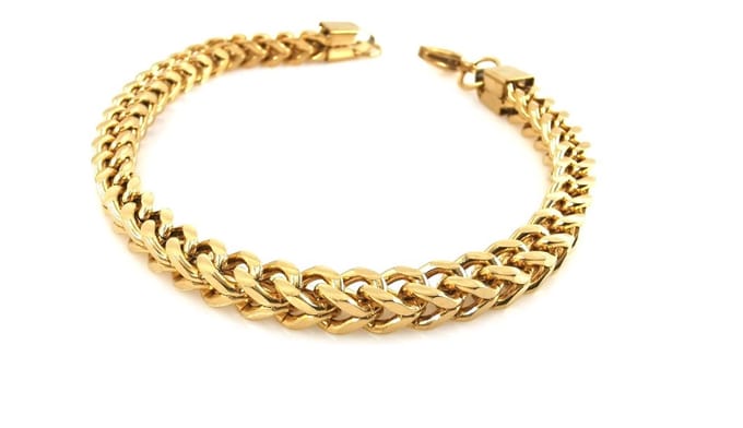 Armband - heren - RVS - vierkant - V-Schakel - L 24 cm - Br 6 mm - goudkleurig.