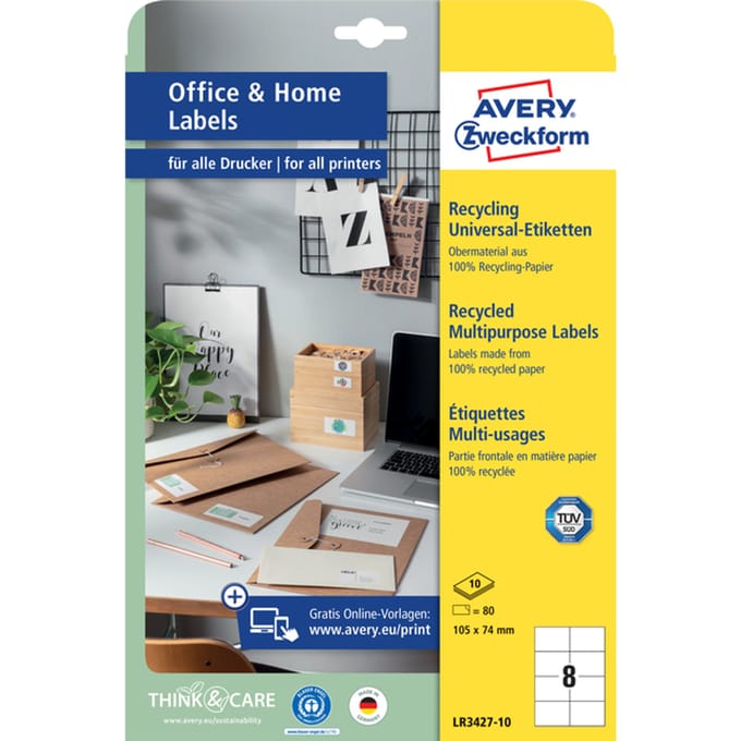 Etiket Avery LR3427-10 105x74 mm recycled wit 80 stuks