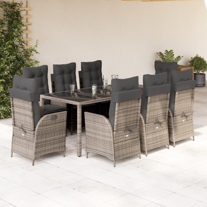 vidaXL - 9-delige - Tuinset - met - kussens - poly - rattan - grijs