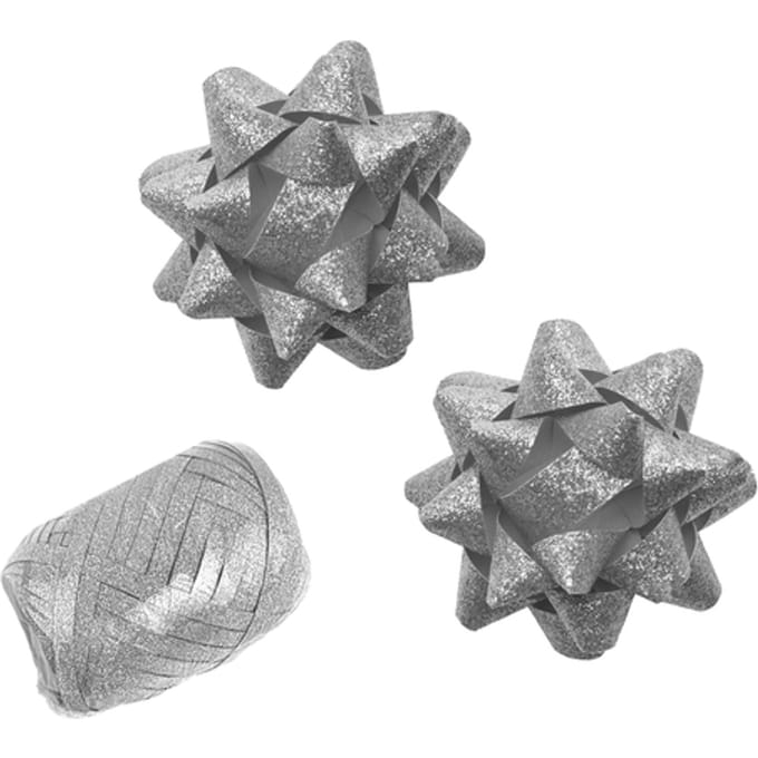 Cadeaulint Polyband en 2 rozetten zilver glitter