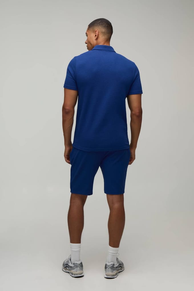 Slim Fit Waffle Zip Neck Polo & Shorts Set | Navy | Size Medium