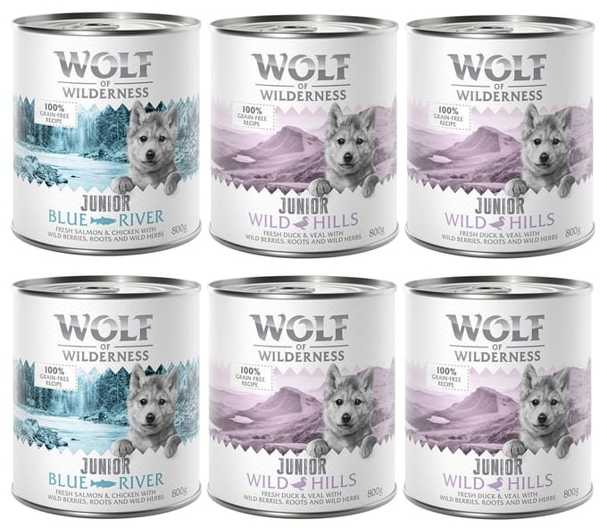 6 x 800 g Wolf of Wilderness Mixpakket Junior 4x Eend & Kalf, 2x Kip & Zalm