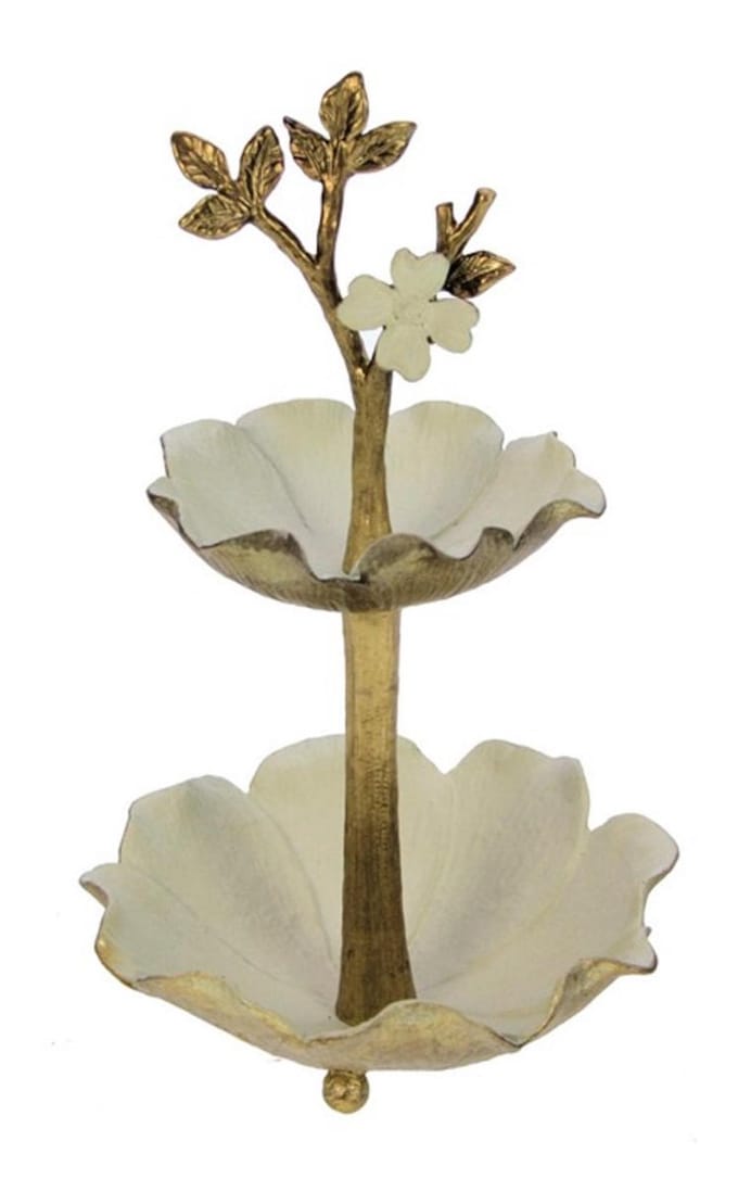 Sieradenhouder Bloem wit/ant. goudkl., Ø11,3x18,5cm