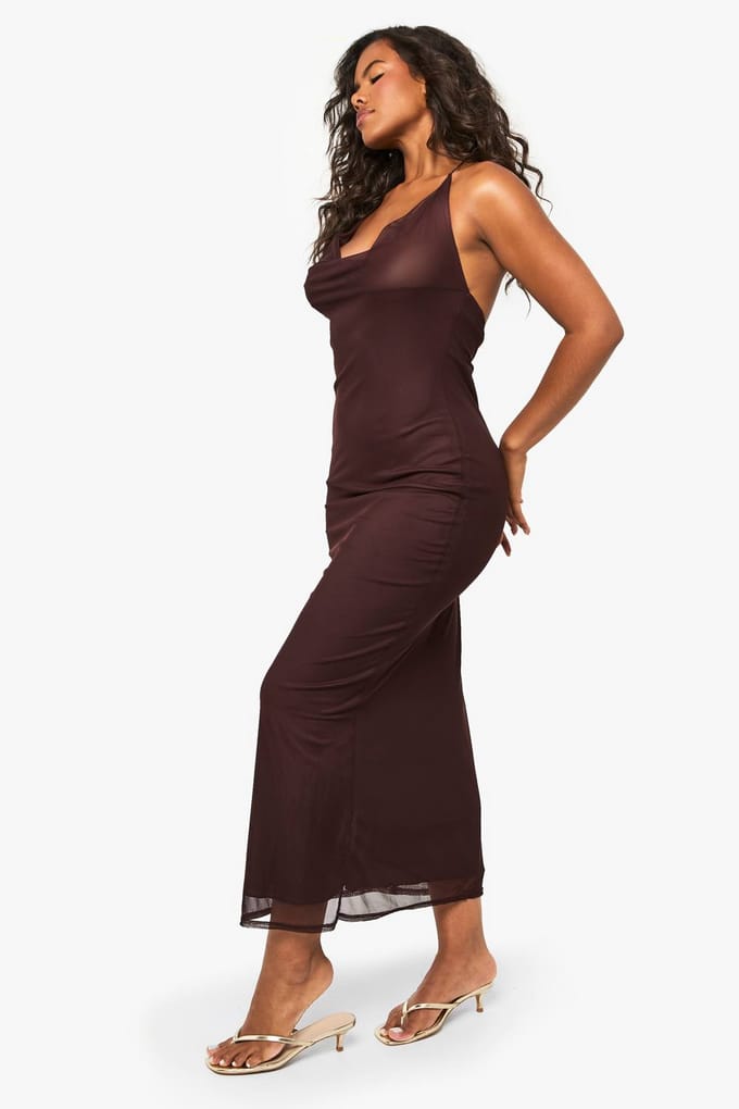 boohoo Dames Mesh Cowl Maxi-jurk | Chocolate | Maat: 16