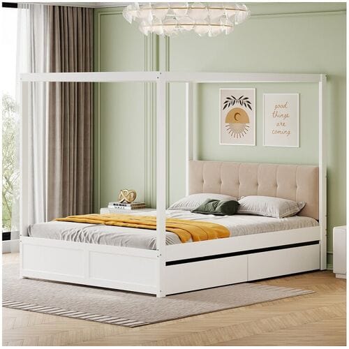 Merax Hemelbed 140 x 200 cm met 2 grote lades en zachte rugleuning, MDF hout, Wit