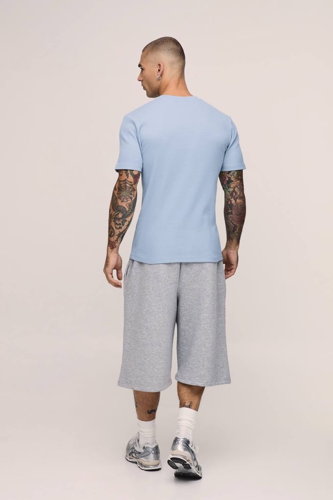 Muscle Fit Geribbeld Henley Hals Korte Mouw T-Shirt | Ice Blue | Size Large