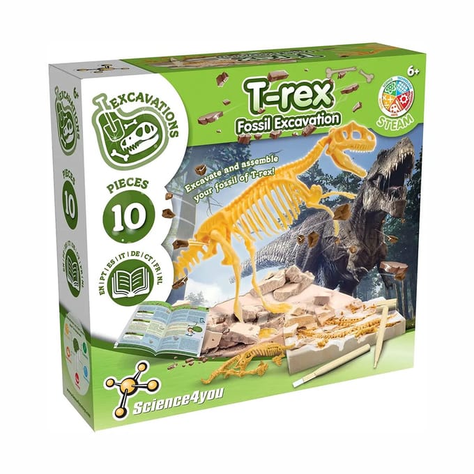 Dinosaurus T-Rex-graafset voor kinderen +6 jaar - Graaf en monteer 10 dinosaurusfossielen met dit paleontologische en archeologische speelgoed voor kinderen, wetenschappelijke spellen van 6-10 jaar