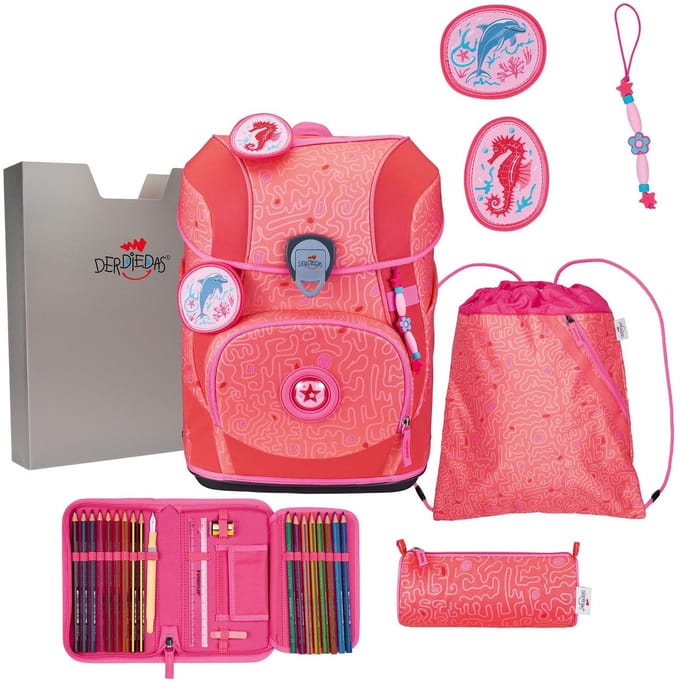 DerDieDas schooltas ErgoFlex Tiny Superflash Set 6-delig Coral Reef zalmroze