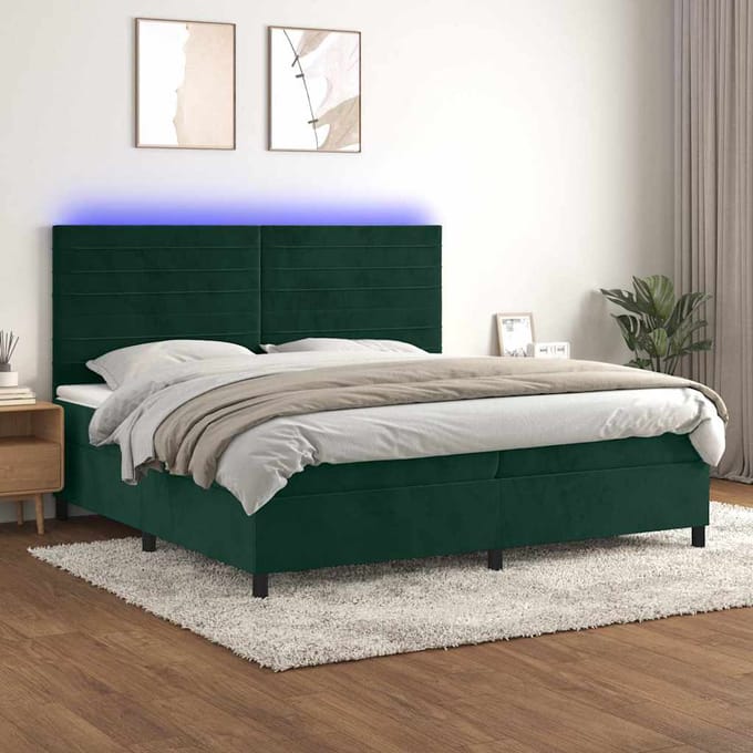 vidaXL - Boxspring - met - matras - en - LED - fluweel - donkergroen - 200x200 - cm