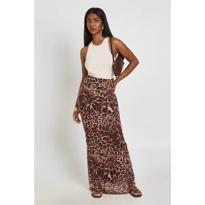 boohoo Dames Maxi Mesh Rok Met Dierenprint | Brown | Maat: 6
