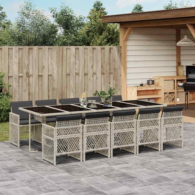 vidaXL - 11-delige - Tuinset - met - kussens - poly - rattan - lichtgrijs