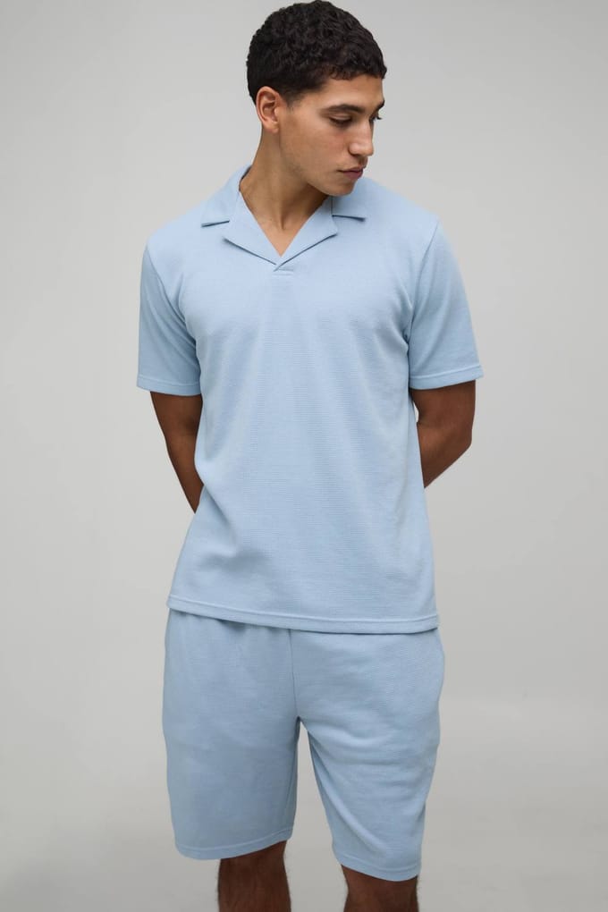 Slim Fit Waffle Revere Polo & Shorts Set | Dusty Blue | Size Large