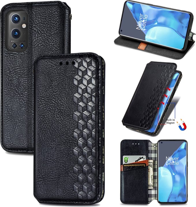 Luxe PU Lederen Ruitpatroon Wallet Case + PMMA Screenprotector voor OnePlus 9 Pro _ Zwart