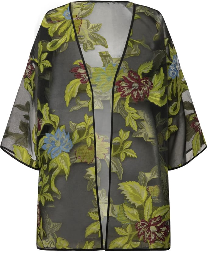 Ulla Popken - Dames - Chiffon jasje bloemendesign V-hals 3/4-mouwen - Zwart - Maat 46+