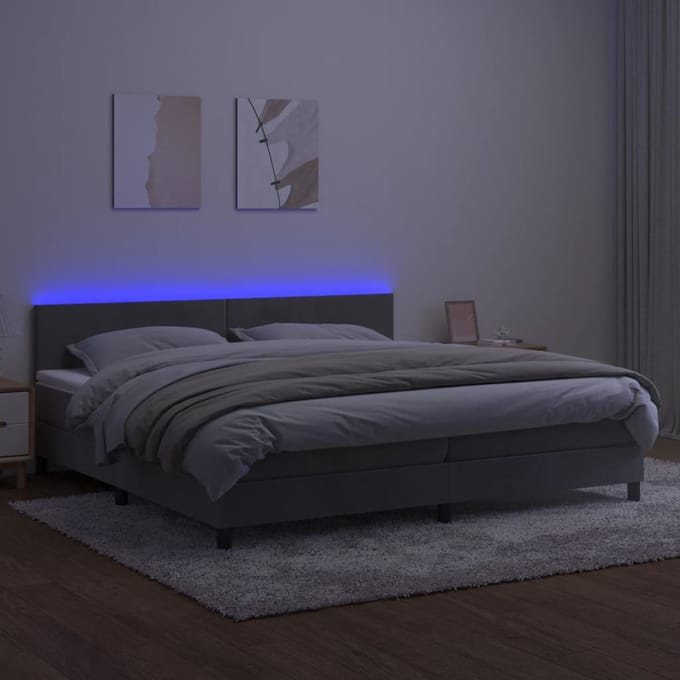 vidaXL - Boxspring - met - matras - en - LED - fluweel - lichtgrijs - 200x200 - cm