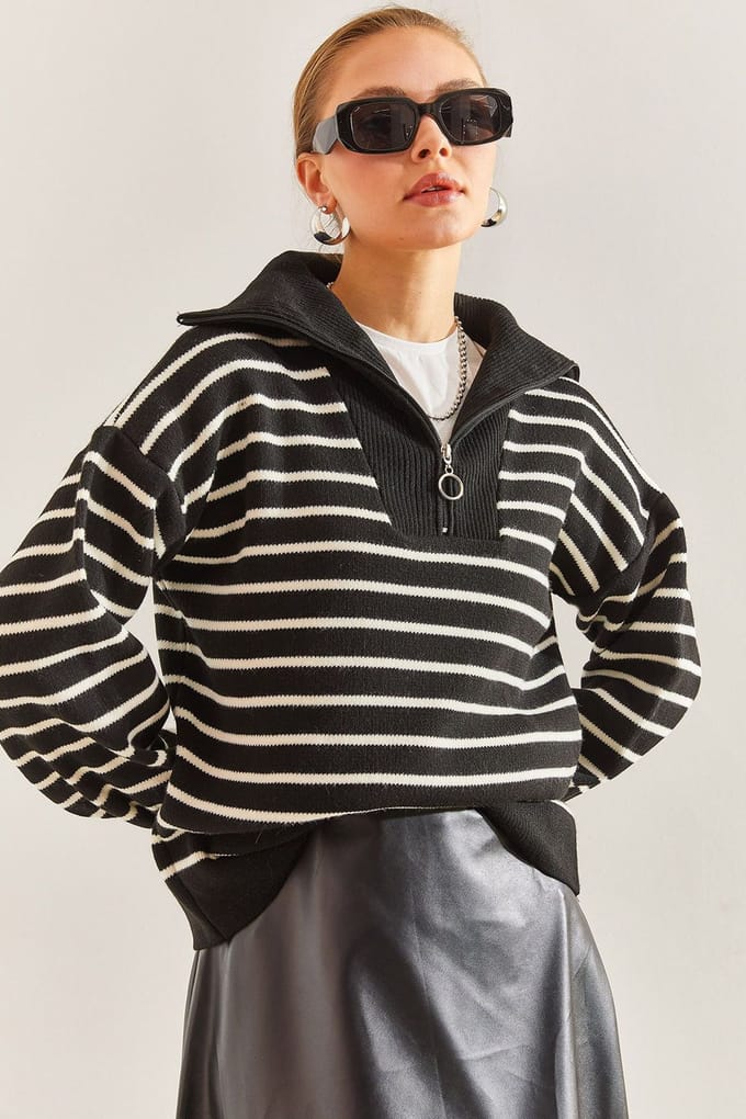 Gestreepte Boxy Crop Trui met Ritskraag