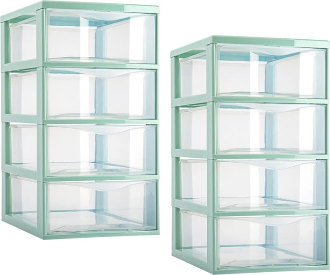 Plasticforte ladeblokje/bureau organizer - 2x - 4 lades - transparant/mintgroen - L18 x B25 x H33 cm