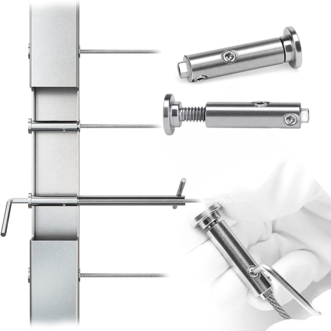 Kabelreling Kit - Spanschroef Spanner - Terrasondering Beveiligen - Volledig Onzichtbaar - 1/8 Inch - Zilver