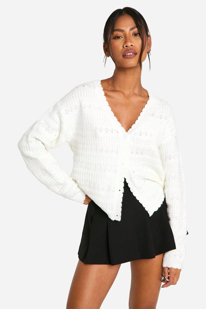boohoo Dames Zacht Gebreide Pointelle Cardigan | Creme | Maat: Medium