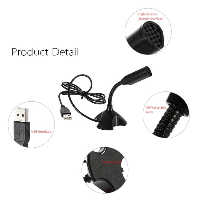 USB-desktopmicrofoon zwart web 360 graden verstelbaarUSB-desktopmicrofoon voor computer