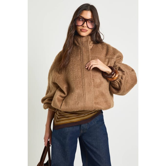 boohoo Dames Bomberjack met textuur van wollook | Camel | Maat: 40