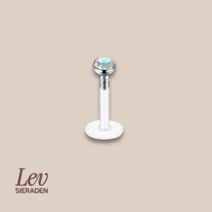 Lev Sieraden - 1.2x6mm - PTFE/Bioplast Push-in Labret - 2mm Zirkonia top - Rainbow kleurig - Piercing