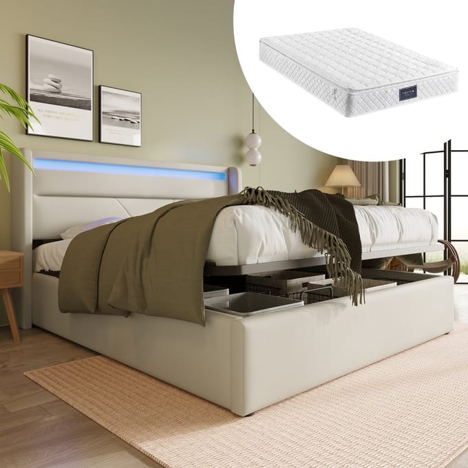 MODFU Bedframe 140x200 cm – Wit PU met LED-hoofdbord & hydraulisch – Lattenbodem