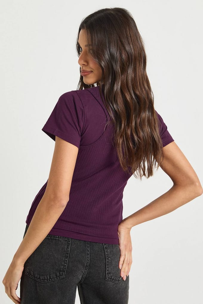 boohoo Dames Geribbelde Dubbele Laag Racer Mouwloos Top | Plum | Maat: 12