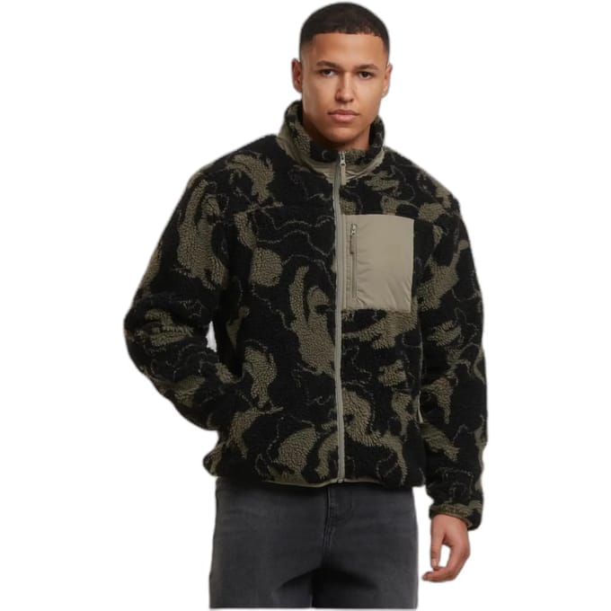 Urban Classics - Pattern Teddy Trackjacket Jacket - M - Olijfgroen