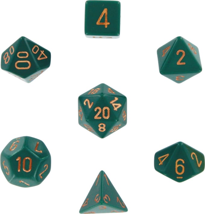 Chessex dobbelstenen set, 7 polydice, Opaque dusty green w/copper