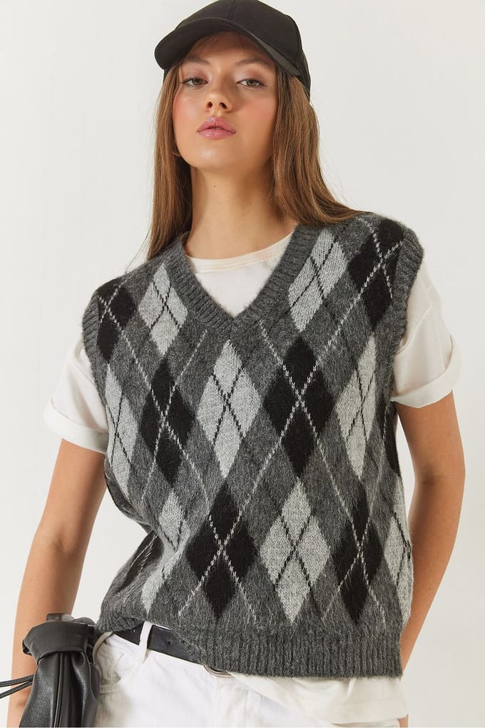 V-hals Ribbels Breisel Sweater Vesten met Baklava Patroon