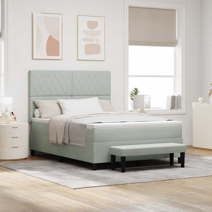 vidaXL - Boxspring - bed - met - kussen - Lichtgrijs - 200 - x - 140 - cm - Fluweel