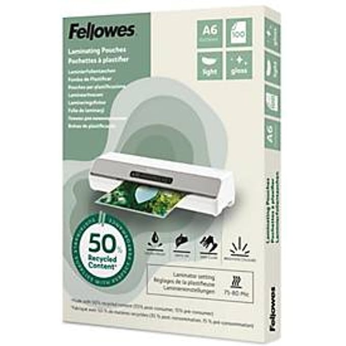Fellowes® lamineerfolies, formaat A6, foliedikte 80 µ, gerecycled PET, transparant-helder glanzend, 100 stuks