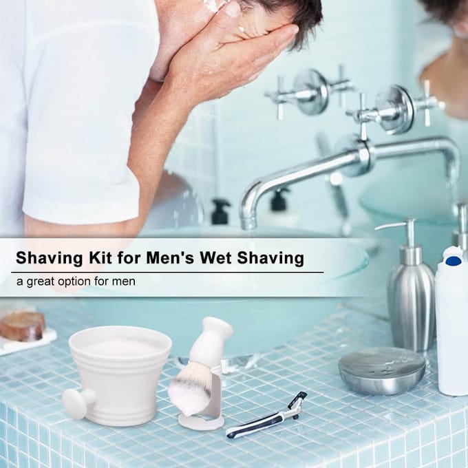 Scheerset voor mannen, natte scheerkwast, houder, standaard, zeepkom, mok, haar, baardborstel wit