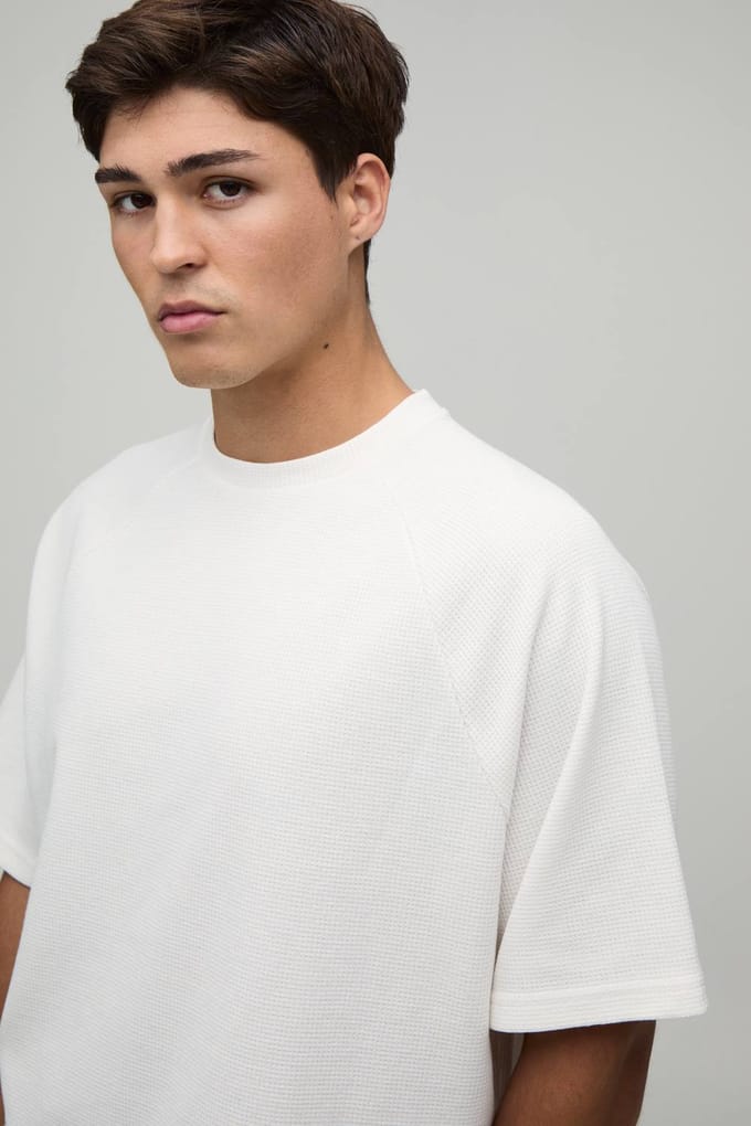 Oversized Boxy Waffle Raglan T-Shirt | Ecru | Size Small