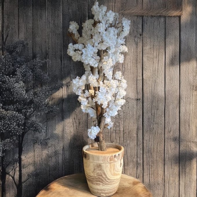Kunstbloesemboom Fluffy Wit - Echt Hout - 110 cm - Sakura - Seta Fiori