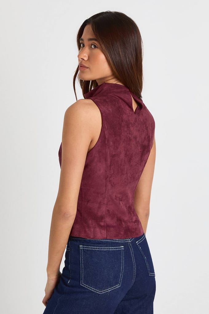 boohoo Dames Imitatiesuede Hoge Hals Cowl Top | Wine | Maat: 8