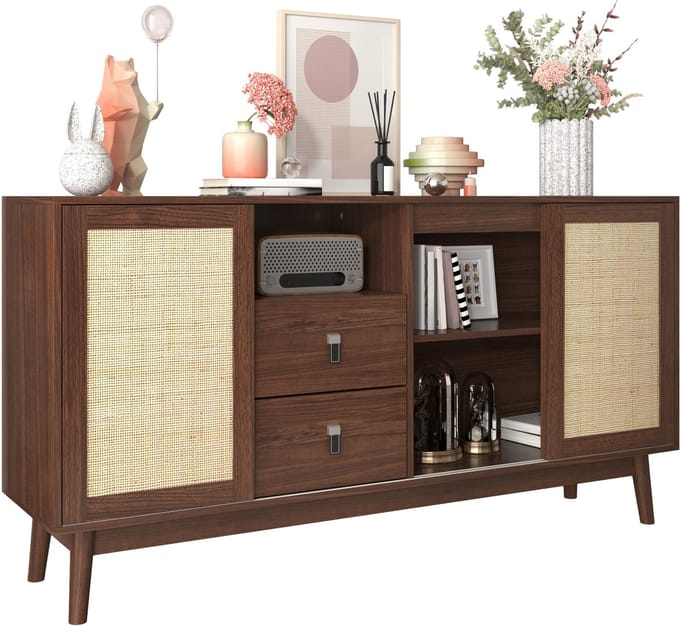 Dressoir – Opbergkast MDF Rattan met 3 Schuifdeuren - Donker eiken