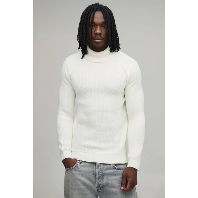 Lange Gespierde Pasvorm Geribbelde Coltrui Gebreide Trui | Ecru | Size Small