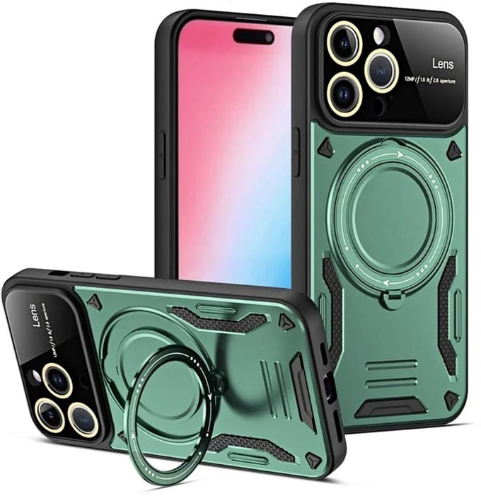 Cityhoesje - iPhone 15 Pro - Magnetic - Ring Holder Kickstand - Protective - Backcase - Groen