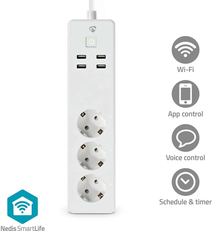 Nedis SmartLife Stekkerdoos - Wi-Fi - 3x Randaarde stekker (CEE 7/3) / 4 x USB - 16.0 A - 3680 W - 1.80 m - -10 - 40 °C - Android / IOS - Wit