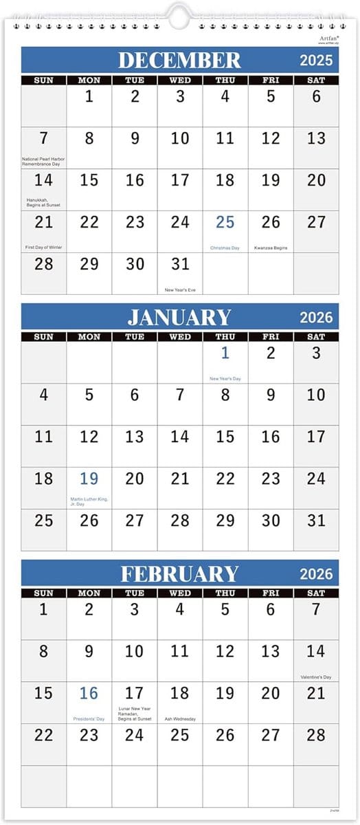 Driemaanden Kalender 2025 Wandkalender Groot Formaat Januari tot December