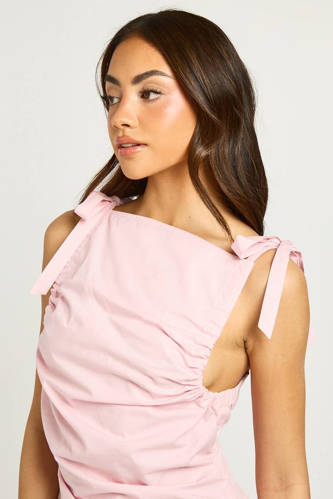 boohoo Dames Poplin Top Met Strikschouder | Roze | Maat: 36