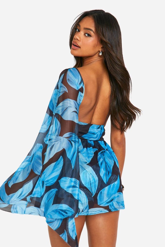 boohoo Dames Gevoerde Mesh Bladerenprint Skort Playsuit | Zwart | Maat: 40