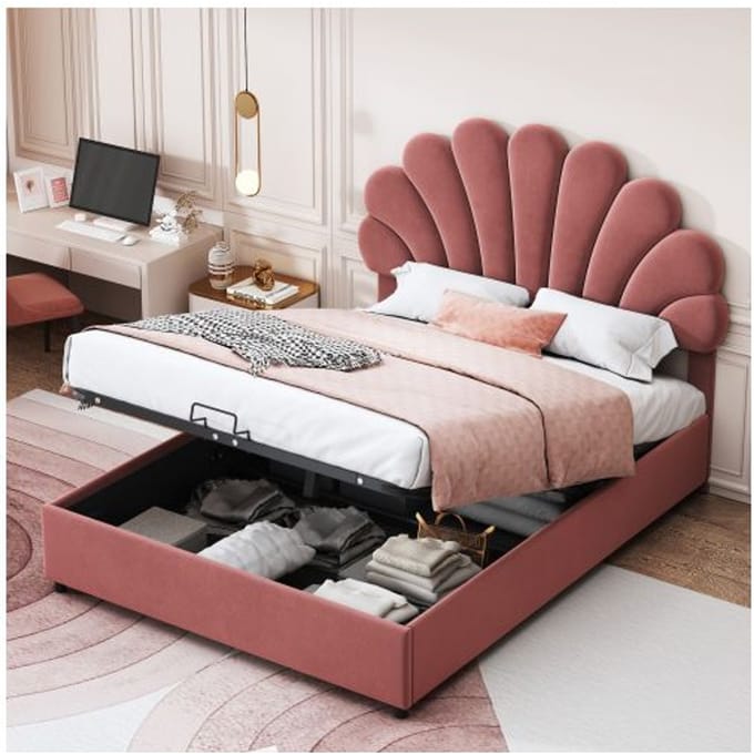 Lit capitonné - MUVOE - 140x200 cm - Tête de lit réglable - Rangement intégré - Velours doux beige