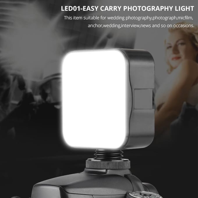 YELANGU LED01 Mini LED-videolamp Fotografie-invullamp 6500K Dimbaar 5W met Cold Shoe Mount zwart