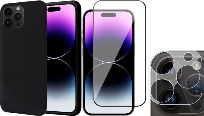 Hoesje geschikt voor iPhone 14 Pro - Screenprotector FullGuard & Camera Lens Screen Protector - Back Cover Case SoftTouch Zwart