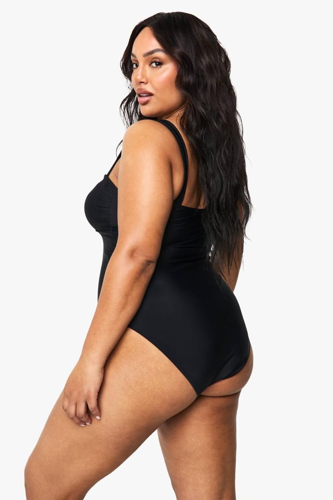 boohoo Dames Plus Tummy Control Geraffeld Voorbadpak | Black | Maat: 24