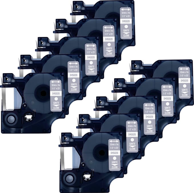 DULA Dymo D1 45020 - S0720600 - Compatible label tape - 10 lettertapes - Wit op transparant - 12mm x 7m